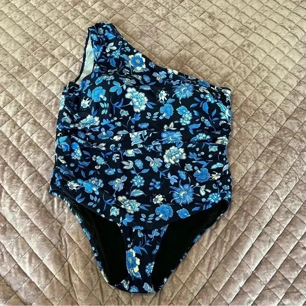 J crew one piece swimsuit 22 ruched one shoulder one piece midnight blue floral
